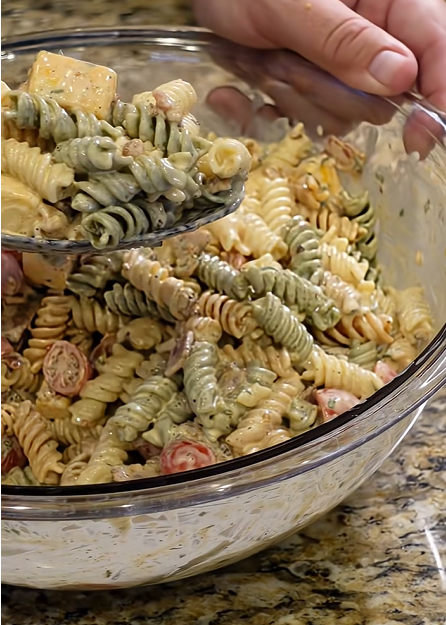 Bacon Reaper Ranch Pasta Salad with bacon, tomatoes and Colby Jack cheese