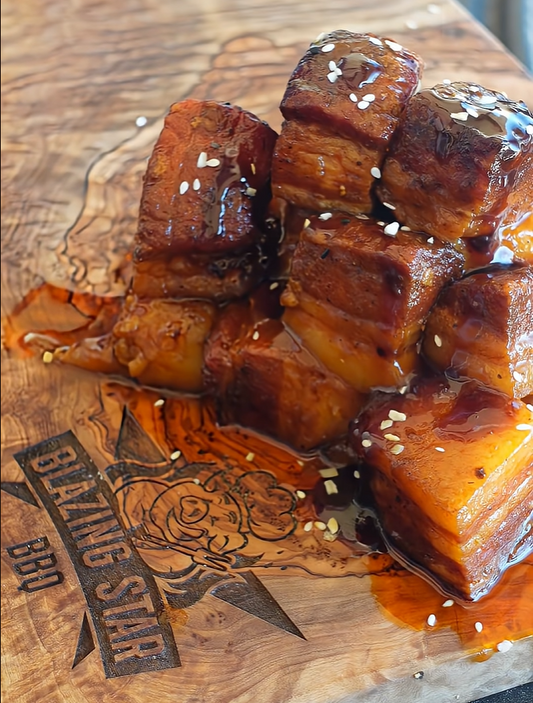 Blazing Honey Buffalo Pork Belly Burnt Ends with hot honey glaze