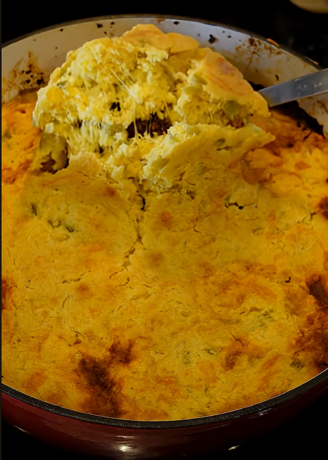 Chili Cornbread Pie with hearty beef chili and cheesy cornbread topping