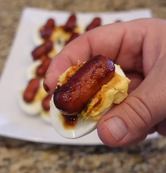 Lil Smokies Deviled Eggs topped with Blazing Star BBQ Original Sauce glazed sausages