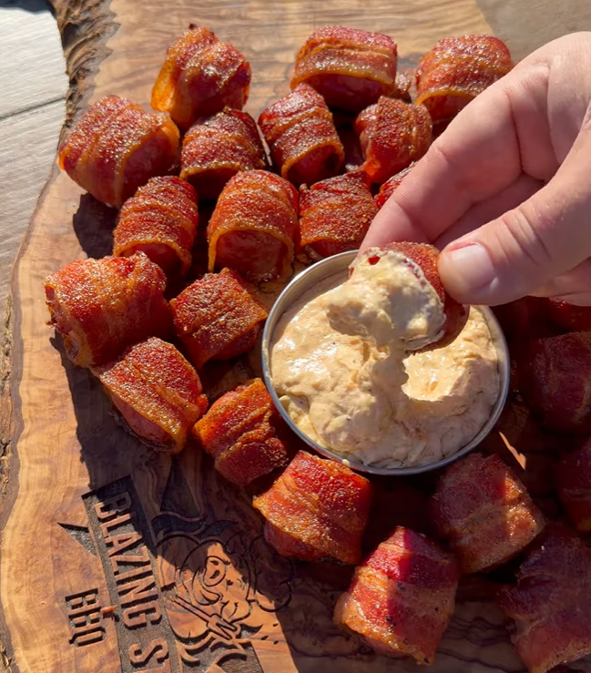 Bacon Beer Brat Bites with creamy Scorpion Onion Dip