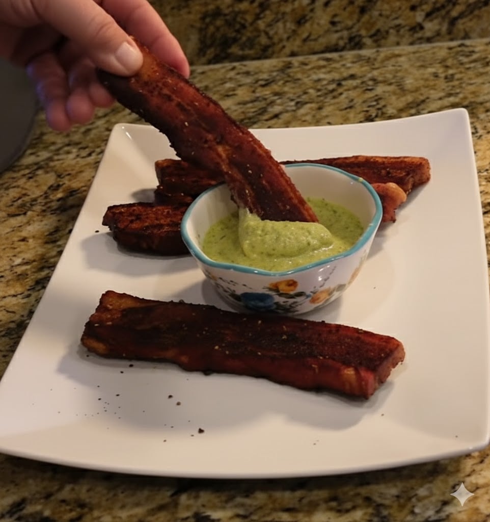 Smoked and fried pork belly chicharron with creamy avocado verde salsa